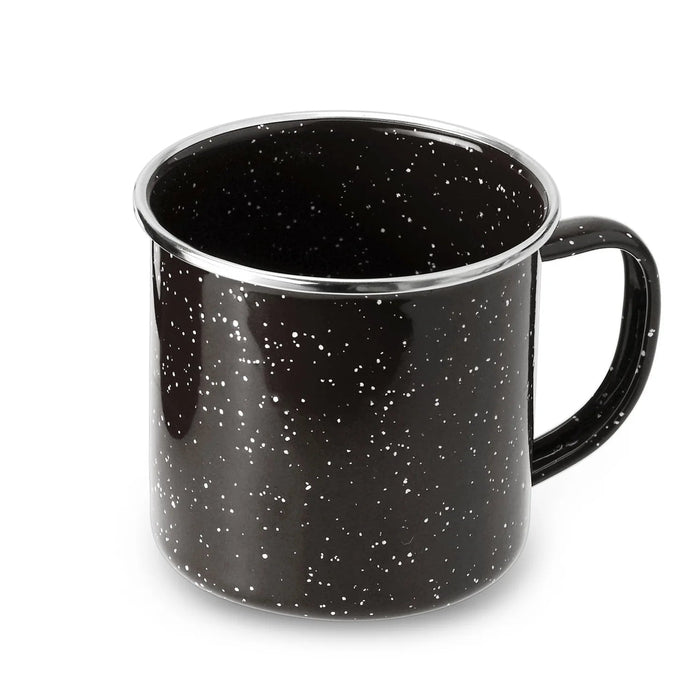 Black speckled mug on a white background