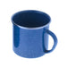 Blue enamel mug with speckled pattern on a white background